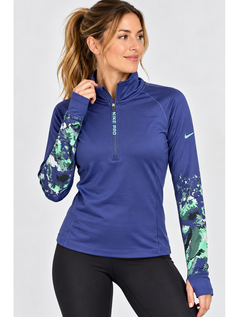 Nike Pro Hyperwarm Womens Large Half Zip Running Top Blue Green 811090-508